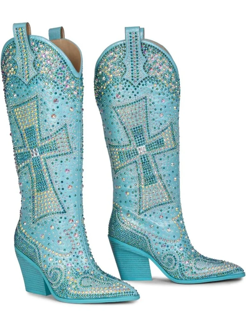 Women's Blue Crystal Cross Embellished Pointed Toe Sparkly Western Cowgirl Boots